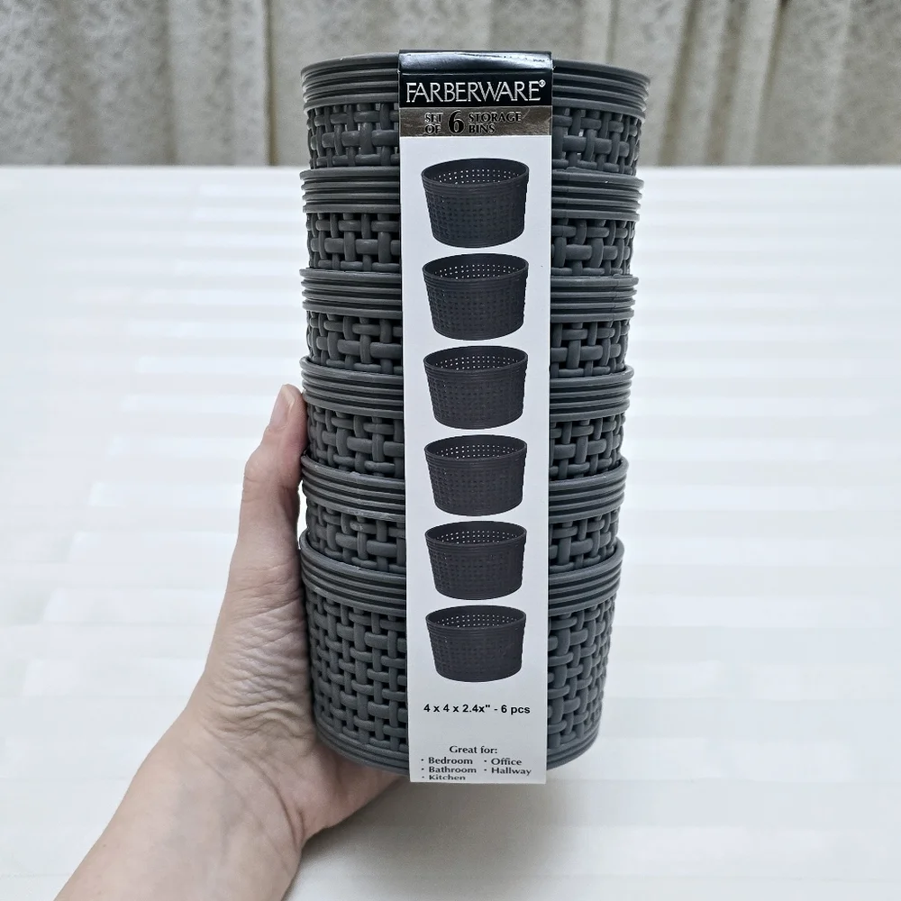 New 6pc Farberware Small Storage Bins Set Weave Gray Round Desktop Containers
